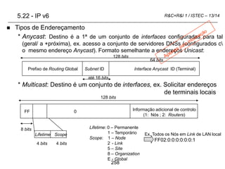 258
R&C+R&I 1 / ISTEC – 13/14
 Tipos de Endereçamento
* Anycast: Destino é a 1ª de um conjunto de interfaces configuradas para tal
(geral/ a +próxima), ex. acesso a conjunto de servidores DNSs (configurados c
o mesmo endereço Anycast). Formato semelhante a endereços Unicast:
* Multicast: Destino é um conjunto de interfaces, ex. Solicitar endereços
de terminais locais
128 bits
Prefixo de Routing Global
0 Informação adicional de controlo
(1: Nós ; 2: Routers)
128 bits
FF
Lifetime Scope
8 bits
4 bits 4 bits
Lifetime: 0 – Permanente
1 – Temporário
Scope: 1 – Node
2 - Link
5 – Site
8 – Organization
E - Global
Ex. Todos os Nós em Link de LAN local
FF02:0:0:0:0:0:0:1
5.22 - IP v6
64 bits
Interface Anycast ID (Terminal)
Subnet ID
até 16 bits
 