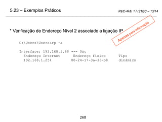 268
R&C+R&I 1 / ISTEC – 13/14
C:UsersUser>arp -a
Interface: 192.168.1.68 --- 0xc
Endereço Internet Endereço físico Tipo
192.168.1.254 00-24-17-3a-36-b8 dinâmico
* Verificação de Endereço Nível 2 associado a ligação IP
5.23 – Exemplos Práticos
 