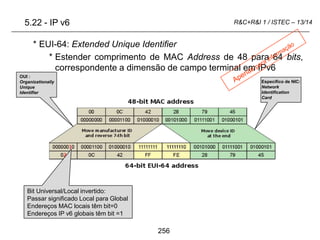 256
R&C+R&I 1 / ISTEC – 13/14
5.22 - IP v6
* EUI-64: Extended Unique Identifier
* Estender comprimento de MAC Address de 4...