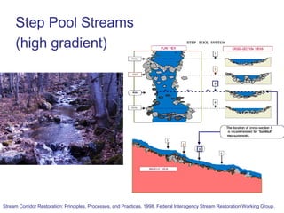 Natural Stream Channel Stability(from Leopold)River has a stable dimension, pattern and profileMaintains channel features (riffles, pools, steps)Does not aggrade (fills) or degrade (erodes)