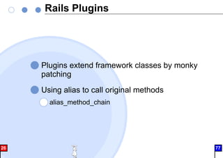 Rails Plugins
Plugins extend framework classes by monky
patching
Using alias to call original methods
alias_method_chain
26 77
 