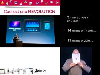 Ceci est une REVOLUTION
                          • 3 millions d’iPad 3
                             en 3 jours


                          • 14 millions en T4 2011…


                          • 11 millions en 2010….
 