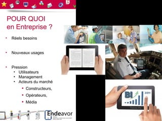 POUR QUOI
en Entreprise ?
•   Réels besoins


•   Nouveaux usages


•   Pression
     • Utilisateurs
     • Management
     • Acteurs du marché
          Constructeurs,
          Opérateurs,
          Média
 
