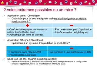 2 voies extremes possibles ou un mixe ?
•   Application Web / Client léger
     • Optimisée pour un seul navigateur web ou multi-navigateur: actuels et
       versions à venir ?


    + Confidentialité (requiert tout de même un               - Pas de réseaux, pas d´application
    système d´authentification fiable)                        - Interfaces à des périphériques
    + Agnostique (en terme de tablette)

•   Application Off-Line / Client lourd
     • Spécifique á un système d´exploitation ou multi-OSs ?


    + Fonctionne sans réseaux/Wifi                     - Souvent liée á une machine ou un OS
    + Fonctionalitées étendues
•   Dans tous les cas, assurer les points suivants:
     •   Interface tactile/stylet ?, Authentification/sécurité, Outil de déploiement de la configuration
         et/ou de l´application, retour sur investissement inférieur à 2 ans
 