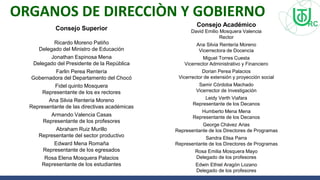 ORGANOS DE DIRECCIÒN Y GOBIERNO
Consejo Superior
Ricardo Moreno Patiño
Delegado del Ministro de Educación
Jonathan Espinosa Mena
Delegado del Presidente de la República
Farlin Perea Rentería
Gobernadora del Departamento del Chocó
Fidel quinto Mosquera
Representante de los ex rectores
Ana Silvia Rentería Moreno
Representante de las directivas académicas
Armando Valencia Casas
Representante de los profesores
Abraham Ruiz Murillo
Representante del sector productivo
Edward Mena Romaña
Representante de los egresados
Rosa Elena Mosquera Palacios
Representante de los estudiantes
Consejo Académico
David Emilio Mosquera Valencia
Rector
Ana Silvia Rentería Moreno
Vicerrectora de Docencia
Miguel Torres Cuesta
Vicerrector Administrativo y Financiero
Dorian Perea Palacios
Vicerrector de extensión y proyección social
Samir Córdoba Machado
Vicerrector de Investigación
Leidy Verth Viafara
Representante de los Decanos
Humberto Mena Mena
Representante de los Decanos
George Chávez Arias
Representante de los Directores de Programas
Sandra Elisa Parra
Representante de los Directores de Programas
Rosa Emilia Mosquera Mayo
Delegado de los profesores
Edwin Ethiel Aragón Lozano
Delegado de los profesores
 
