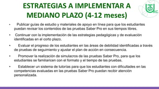 ESTRATEGIAS A IMPLEMENTAR A
MEDIANO PLAZO (4-12 meses)
• Publicar guías de estudio y materiales de apoyo en línea para que los estudiantes
puedan revisar los contenidos de las pruebas Saber Pro en sus tiempos libres.
• Continuar con la implementación de las estrategias pedagógicas y de evaluación
identificadas en el corto plazo.
• Evaluar el progreso de los estudiantes en las áreas de debilidad identificadas a través
de pruebas de seguimiento y ajustar el plan de acción en consecuencia.
• Promover la realización de simulacros de las pruebas Saber Pro, para que los
estudiantes se familiaricen con el formato y el tiempo de las pruebas.
• Establecer un sistema de tutorías para que los estudiantes con dificultades en las
competencias evaluadas en las pruebas Saber Pro puedan recibir atención
personalizada.
 