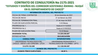 INFORMACIÓN GENERAL DEL PROYECTO
FECHA DE FIRMA CONTRATOS 30 de diciembre de 2021
FECHA DE INICIO 21 de febrero de 2022
FECHA DE TERMINACIÓN FINAL 31 de mayo de 2023
PLAZO DE EJECUCIÓN PARCIAL 5.33 Meses
PRORROGA No 1. Hasta el 31/12/2022
PRORROGA No 2. Hasta el 31/05/2023
PLAZO DE EJECUCIÓN FINAL 15.33 Meses
INVERSIÓN TOTAL $ 8.205.058.867
ESTADO ACTUAL EN EJECUCIÓN
CONSULTORÍA INTERVENTORÍA
UNIVERSIDAD TECNOLÓGICA DEL
CHOCÓ - DIEGO LUIS CÓRDOBA - UTCH
UNIVERSIDAD PEDAGÓGICA Y
TECNOLOGICA DE COLOMBIA - UPTC
$ 6.076.122.280 $ 2.128.936.587
AVANCE DEL PROYECTO
AVANCE FÍSICO EJECUTADO 48,50 %
CONTRATO DE CONSULTORÍA No 2175-2021
“ESTUDIOS Y DISEÑOS DEL CORREDOR SOSTENIBLE ÁNIMAS - NUQUÍ
EN EL DEPARTAMENTO DE CHOCÓ”
 