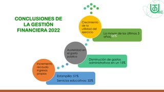156,17%
51,2%
-15,24%
CONCLUSIONES DE
LA GESTIÓN
FINANCIERA 2022
Estampilla: 51%
Servicios educativos: 32%
Disminución de gastos
administrativos en un 15%
La mayor de los últimos 3
años)
Incremento
recaudo
ingresos
propios
Austeridad en
el gasto
público
56%
Crecimiento
de la
utilidad del
ejercicio
 