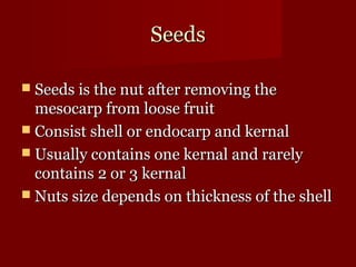 SSeeeeddss 
 SSeeeeddss iiss tthhee nnuutt aafftteerr rreemmoovviinngg tthhee 
mmeessooccaarrpp ffrroomm lloooossee ffrruuiitt 
 CCoonnssiisstt sshheellll oorr eennddooccaarrpp aanndd kkeerrnnaall 
 UUssuuaallllyy ccoonnttaaiinnss oonnee kkeerrnnaall aanndd rraarreellyy 
ccoonnttaaiinnss 22 oorr 33 kkeerrnnaall 
 NNuuttss ssiizzee ddeeppeennddss oonn tthhiicckknneessss ooff tthhee sshheellll 
 