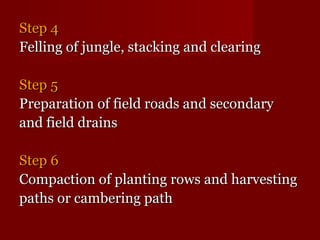 SStteepp 44 
FFeelllliinngg ooff jjuunnggllee,, ssttaacckkiinngg aanndd cclleeaarriinngg 
SStteepp 55 
PPrreeppaarraattiioonn ooff ffiieelldd rrooaaddss aanndd sseeccoonnddaarryy 
aanndd ffiieelldd ddrraaiinnss 
SStteepp 66 
CCoommppaaccttiioonn ooff ppllaannttiinngg rroowwss aanndd hhaarrvveessttiinngg 
ppaatthhss oorr ccaammbbeerriinngg ppaatthh 
 