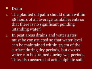  DDrraaiinn 
11.. TThhee ppllaanntteedd ooiill ppaallmm sshhoouulldd ddrraaiinn wwiitthhiinn 
4488 hhoouurrss ooff aann aavveerraaggee rraaiinnffaallll eevveennttss ssoo 
tthhaatt tthheerree iiss nnoo ssiiggnniiffiiccaanntt ppoonnddiinngg 
((ssttaannddiinngg wwaatteerr)) 
22.. IInn ppeeaatt aarreeaass ddrraaiinnss aanndd wwaatteerr ggaatteess 
mmuusstt bbee ccoonnssttrruucctteedd ssoo tthhaatt wwaatteerr lleevveell 
ccaann bbee mmaaiinnttaaiinneedd wwiitthhiinn 7755 ccmm ooff tthhee 
ssuurrffaaccee dduurriinngg ddrryy ppeerriiooddss,, bbuutt eexxcceessss 
wwaatteerr ccaann bbee ddrraaiinneedd dduurriinngg wweett ppeerriiooddss.. 
TThhuuss aallssoo ooccccuurrrreedd aatt aacciidd ssuullpphhaattee ssooiill.. 
 