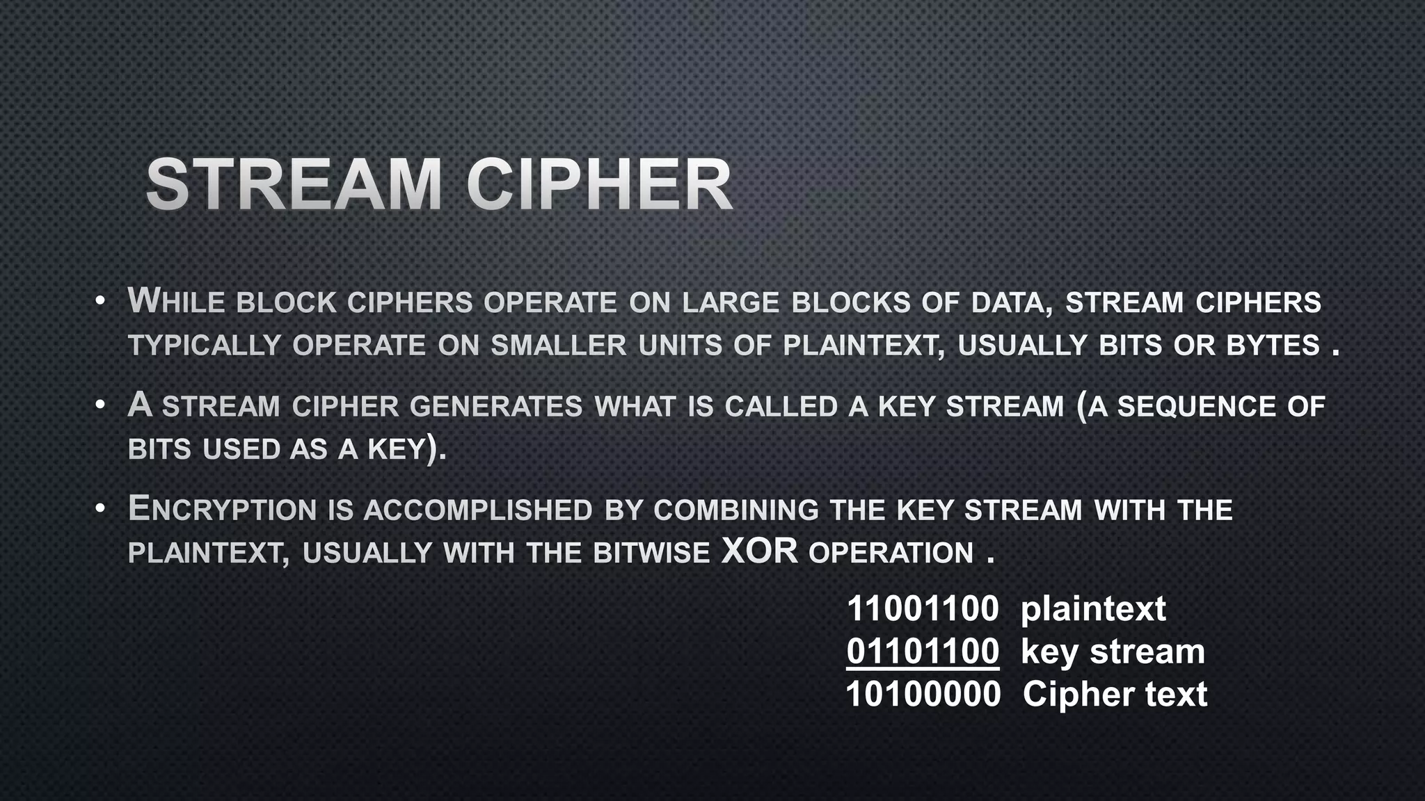 •
•
•
11001100 plaintext
01101100 key stream
10100000 Cipher text
 