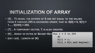 •
•
•
•
for i = 0 to 255
do
S[i] = i;
T[i] = K[i mod keylen];
 