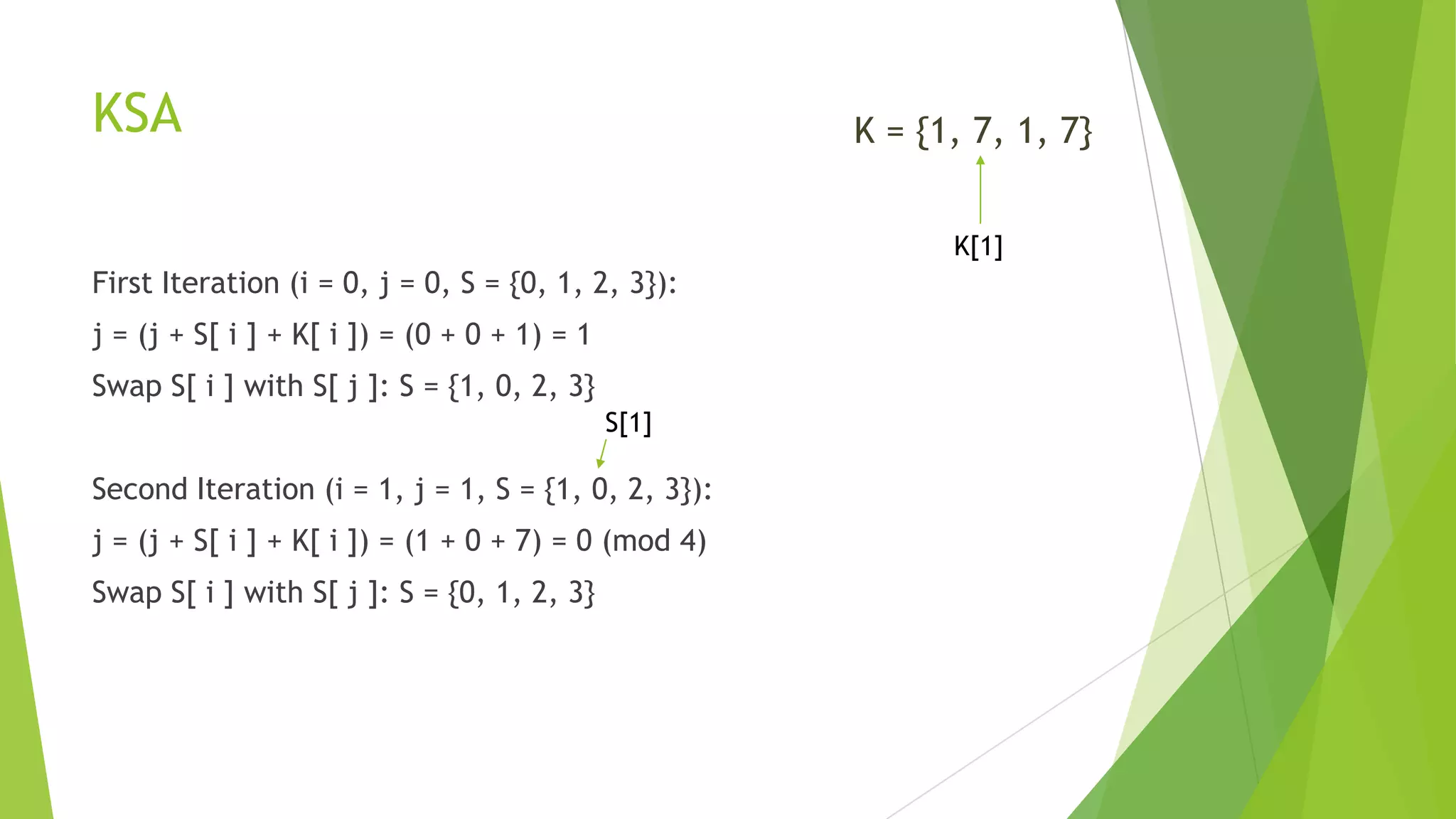 KSA

K = {1, 7, 1, 7}
K[1]

First Iteration (i = 0, j = 0, S = {0, 1, 2, 3}):
j = (j + S[ i ] + K[ i ]) = (0 + 0 + 1) = 1

Swap S[ i ] with S[ j ]: S = {1, 0, 2, 3}
S[1]

Second Iteration (i = 1, j = 1, S = {1, 0, 2, 3}):
j = (j + S[ i ] + K[ i ]) = (1 + 0 + 7) = 0 (mod 4)
Swap S[ i ] with S[ j ]: S = {0, 1, 2, 3}

 