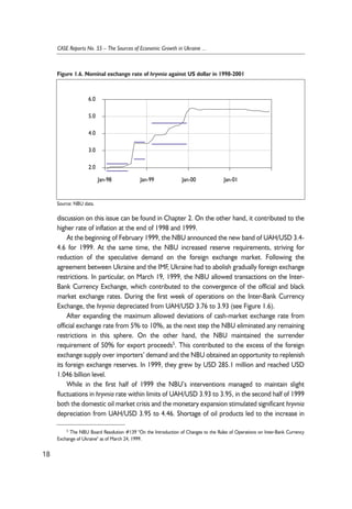 6.0 
5.0 
4.0 
3.0 
discussion on this issue can be found in Chapter 2. On the other hand, it contributed to the 
higher rate of inflation at the end of 1998 and 1999. 
At the beginning of February 1999, the NBU announced the new band of UAH/USD 3.4- 
4.6 for 1999. At the same time, the NBU increased reserve requirements, striving for 
reduction of the speculative demand on the foreign exchange market. Following the 
agreement between Ukraine and the IMF, Ukraine had to abolish gradually foreign exchange 
restrictions. In particular, on March 19, 1999, the NBU allowed transactions on the Inter- 
Bank Currency Exchange, which contributed to the convergence of the official and black 
market exchange rates. During the first week of operations on the Inter-Bank Currency 
Exchange, the hryvnia depreciated from UAH/USD 3.76 to 3.93 (see Figure 1.6). 
After expanding the maximum allowed deviations of cash-market exchange rate from 
official exchange rate from 5% to 10%, as the next step the NBU eliminated any remaining 
restrictions in this sphere. On the other hand, the NBU maintained the surrender 
requirement of 50% for export proceeds5. This contributed to the excess of the foreign 
exchange supply over importers’ demand and the NBU obtained an opportunity to replenish 
its foreign exchange reserves. In 1999, they grew by USD 285.1 million and reached USD 
1.046 billion level. 
While in the first half of 1999 the NBU’s interventions managed to maintain slight 
fluctuations in hryvnia rate within limits of UAH/USD 3.93 to 3.95, in the second half of 1999 
both the domestic oil market crisis and the monetary expansion stimulated significant hryvnia 
depreciation from UAH/USD 3.95 to 4.46. Shortage of oil products led to the increase in 
18 
CASE Reports No. 55 – The Sources of Economic Growth in Ukraine ... 
Figure 1.6. Nominal exchange rate of hryvnia against US dollar in 1998-2001 
2.0 
Jan-98 Jan-99 Jan-00 Jan-01 
Source: NBU data. 
5 The NBU Board Resolution #139 "On the Introduction of Changes to the Rules of Operations on Inter-Bank Currency 
Exchange of Ukraine" as of March 24, 1999. 
 