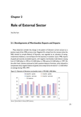 25 
Chapter 2 
Role of External Sector 
Yurij Kuz’myn 
2.1. Developments of Merchandize Exports and Imports 
Many observers consider the change in the pattern of Ukraine’s current account as a 
positive result of the 1998 currency crisis. Negative CA, at least from the moment when the 
NBU started to compile Balance of Payments, was regarded as an indication of saving-investments 
imbalance, a normal feature for the economy in transition. Up to 1998, imports 
of goods permanently exceeded exports, with negative merchandize trade balance varying 
from 2.7 USD billion in 1995 to 4.3 USD billion in 1996 and to 4.2 USD billion in 1997. On 
the other hand, Ukraine continued to hold a positive balance of services, which allowed to 
compensate sharp negative balance of goods and to keep CA at the level of -1.2 USD billion 
on average during 1995–1997. 
Figure 2.1. Dynamics of Ukrainian merchandise trade in 1995-2001, USD billion 
Source: National Bank of Ukraine (BOP statistics). 
 