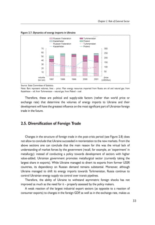 Therefore, these are political and supply-side factors (rather than world price or 
exchange rate) that determine the volumes of energy imports to Ukraine and their 
development will have the greatest influence on the most significant part of Ukrainian foreign 
trade in the future. 
2.5. Diversification of Foreign Trade 
Changes in the structure of foreign trade in the post-crisis period (see Figure 2.8) does 
not allow to conclude that Ukraine succeeded in reorientation to the new markets. From the 
above sections one can conclude that the main reason for this was the virtual lack of 
understanding of market forces by the government (recall, for example, an ‘experiment’ in 
metallurgy): instead of conducting a policy towards development of sectors with higher 
value-added, Ukrainian government promotes metallurgical sector (currently taking the 
largest share in exports). While Ukraine managed to divert its exports from former USSR 
countries, its dependency on Russian demand remains substantial. Moreover, although 
Ukraine managed to shift its energy imports towards Turkmenistan, Russia continue to 
control Ukrainian energy supply via control over transit pipelines. 
Therefore, the ability of Ukraine to withstand asymmetric foreign shocks has not 
improved as much as the need for it – properly assessed by the policy makers. 
A weak reaction of the largest industrial export sectors (as opposite to a reaction of 
consumer exports) to changes in the foreign GDP, as well as in the exchange rate, makes us 
33 
Chapter 2. Role of External Sector 
Figure 2.7. Dynamics of energy imports in Ukraine 
Source: State Committee of Statistics. 
Note: Bars represent volumes, lines – price. Main energy resources imported from Russia are oil and natural gas; from 
Kazakhstan – oil; from Turkmenistan – natural gas; from Poland – coal. 
 