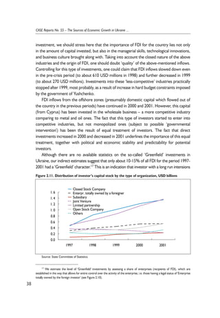 investment, we should stress here that the importance of FDI for the country lies not only 
in the amount of capital invested, but also in the managerial skills, technological innovations, 
and business culture brought along with. Taking into account the closed nature of the above 
industries and the origin of FDI, one should doubt ‘quality’ of the above-mentioned inflows. 
Controlling for this type of investments, one could claim that FDI inflows slowed down even 
in the pre-crisis period (to about 610 USD millions in 1998) and further decreased in 1999 
(to about 270 USD millions). Investments into these ‘less-competitive’ industries practically 
stopped after 1999, most probably, as a result of increase in hard budget constraints imposed 
by the government of Yushchenko. 
FDI inflows from the offshore zones (presumably domestic capital which flowed out of 
the country in the previous periods) have continued in 2000 and 2001. However, this capital 
(from Cyprus) has been invested in the wholesale business – a more competitive industry 
comparing to metal and oil ones. The fact that this type of investors started to enter into 
competitive industries, but not monopolized ones (subject to possible ‘governmental 
intervention’) has been the result of equal treatment of investors. The fact that direct 
investments increased in 2000 and decreased in 2001 underlines the importance of this equal 
treatment, together with political and economic stability and predictability for potential 
investors. 
Although there are no available statistics on the so-called ‘Greenfield’ investments in 
Ukraine, our indirect estimates suggest that only about 10-15% of all FDI for the period 1997- 
2001 had a ‘Greenfield’ character.17 This is an indication that investor with a long run intensions 
38 
CASE Reports No. 55 – The Sources of Economic Growth in Ukraine ... 
Figure 2.11. Distribution of investor’s capital stock by the type of organization, USD billions 
1. 6 
1. 4 
1. 2 
1. 0 
0.8 
0.6 
0.4 
0.2 
0.0 
Closed Stock Company 
Enterpr. totally owned by a foreigner 
Subsidiary 
Joint Venture 
Limited partnership 
Open Stock Company 
Others 
1997 1998 1999 2000 2001 
Source: State Committee of Statistics. 
17 We estimate the level of 'Greenfield' investments by assessing a share of enterprises (recipients of FDI), which are 
established in the way that allows for entire control over the activity of the enterprise, i.e. those having a legal status of 'Enterprise 
totally owned by the foreign investor' (see Figure 2.10). 
 