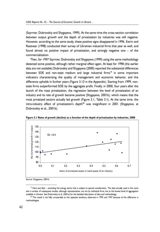 (Szyrmer, Dubrovskiy and Shygayeva, 1999). At the same time the cross-section correlation 
between output growth and the depth of privatization by industries was still negative. 
However, according to the same study, these positive signs disappeared in 1996. Estrin and 
Rosevear (1998) conducted their survey of Ukrainian industrial firms that year as well, and 
found almost no positive impact of privatization, and strongly negative one – of the 
commercialization. 
Then, for 1997 Szyrmer, Dubrovskiy and Shygayeva (1999) using the same methodology 
detected some positive, although rather marginal effect again. At least for 1998 (the earlier 
data are not available) Dubrovskiy and Shygayeva (2000) reported the substantial differences 
between SOE and non-state medium and large industrial firms19 in some important 
indicators characterizing the quality of management and economic behavior, and this 
difference upholds in further years (Figure 3.13 in the Appendix). Starting from 1999, non-state 
firms outperformed SOE by the aggregate profit. Finally, in 2000, four years after the 
launch of the mass privatization, the regression between the level of privatization of an 
industry and its rate of growth became positive (Shygayeva, 2001b), which means that the 
most privatized sectors actually led growth (Figure 3.1, Table 3.1). At the same time, the 
intra-industry effect of privatization’s depth20 was insignificant in 2001 (Shygayeva, at 
Dubrovskiy et al., 2001b). 
42 
CASE Reports No. 55 – The Sources of Economic Growth in Ukraine ... 
Figure 3.1 Rates of growth (decline) as a function of the depth of privatization by industries, 2000 
150 
140 
130 
120 
110 
100 
90 
19 Here and after – excluding the energy sector that is subject to special consideration. The data actually used in this work 
and a number of subsequent studies, although representative, are not by individual firms, but at the lowest level of aggregation 
available in Ukraine. See Dubrovskiy et al. (2001a) for the detailed description of data and methodology. 
20 This result is not fully comparable to the opposite tendency observed in 1995 and 1997 because of the difference in 
methodologies. 
R2 = 0.4 
80 
0.0 0.1 0.2 0.3 0.4 0.5 0.6 0.7 
share of privatized assets in total assets of an industry 
the incremental growth in output 
Source: Shygayeva, 2001b. 
 