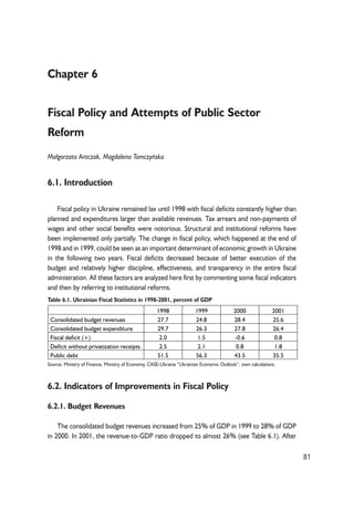 81 
Chapter 6 
Fiscal Policy and Attempts of Public Sector 
Reform 
Ma³gorzata Antczak, Magdalena Tomczyñska 
6.1. Introduction 
Fiscal policy in Ukraine remained lax until 1998 with fiscal deficits constantly higher than 
planned and expenditures larger than available revenues. Tax arrears and non-payments of 
wages and other social benefits were notorious. Structural and institutional reforms have 
been implemented only partially. The change in fiscal policy, which happened at the end of 
1998 and in 1999, could be seen as an important determinant of economic growth in Ukraine 
in the following two years. Fiscal deficits decreased because of better execution of the 
budget and relatively higher discipline, effectiveness, and transparency in the entire fiscal 
administration. All these factors are analyzed here first by commenting some fiscal indicators 
and then by referring to institutional reforms. 
Table 6.1. Ukrainian Fiscal Statistics in 1998-2001, percent of GDP 
1998 1999 2000 2001 
Consolidated budget revenues 27.7 24.8 28.4 25.6 
Consolidated budget expenditure 29.7 26.3 27.8 26.4 
Fiscal deficit (+) 2.0 1.5 -0.6 0.8 
Deficit without privatization receipts 2.5 2.1 0.8 1.8 
Public debt 51.5 56.3 43.5 35.5 
Source: Ministry of Finance, Ministry of Economy, CASE-Ukraine “Ukrainian Economic Outlook”, own calculations. 
6.2. Indicators of Improvements in Fiscal Policy 
6.2.1. Budget Revenues 
The consolidated budget revenues increased from 25% of GDP in 1999 to 28% of GDP 
in 2000. In 2001, the revenue-to-GDP ratio dropped to almost 26% (see Table 6.1). After 
 