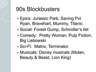 90s Blockbusters
 Epics: Jurassic Park, Saving Pvt
Ryan, Bravehart, Mummy, Titanic
 Social: Forest Gump, Schindler’s list
 Comedy: Pretty Woman, Pulp Fiction,
Big Liebowski
 Sci-Fi: Matrix, Terminator
 Musicals: Disney musicals (Mulan,
Beauty & Beast, Lion King)
 