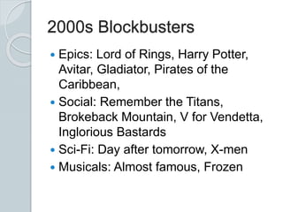 2000s Blockbusters
 Epics: Lord of Rings, Harry Potter,
Avitar, Gladiator, Pirates of the
Caribbean,
 Social: Remember the Titans,
Brokeback Mountain, V for Vendetta,
Inglorious Bastards
 Sci-Fi: Day after tomorrow, X-men
 Musicals: Almost famous, Frozen
 