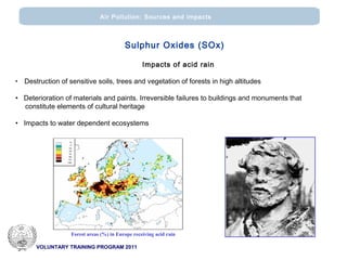 VOLUNTARY TRAINING PROGRAM 2011
Air Pollution: Sources and impacts
Impacts of acid rain
• Destruction of sensitive soils, trees and vegetation of forests in high altitudes
• Deterioration of materials and paints. Irreversible failures to buildings and monuments that
constitute elements of cultural heritage
• Impacts to water dependent ecosystems
Forest areas (%) in Europe receiving acid rain
Sulphur Oxides (SOx)
 