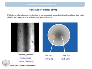 VOLUNTARY TRAINING PROGRAM 2011
Air Pollution: Sources and impacts
Human hair
(70 μm diameter)
PM 10 PM 2.5
(10 μm) (2,5 μm)
Particulate matter (PM)
Particles produced during combustion or as secondary products in the atmosphere, that might
shift for very long periods far from their point of source.
 