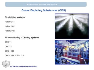 VOLUNTARY TRAINING PROGRAM 2011
Air Pollution: Sources and impacts
Firefighting systems
Ηalon 1211
Halon 1301
Halon 2402
Air conditioning – Cooling systems
CFC-11
CFC-12
CFC – 113
CFC – 114, CFC- 115
Ozone Depleting Substances (ODS)
 