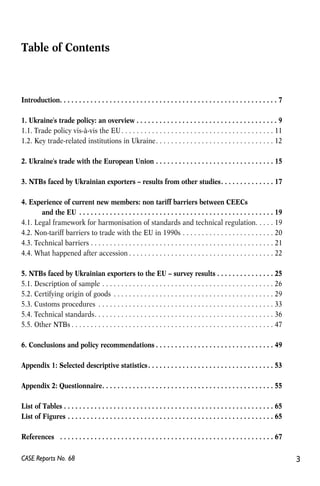 Table of Contents 
Introduction. . . . . . . . . . . . . . . . . . . . . . . . . . . . . . . . . . . . . . . . . . . . . . . . . . . . . . . . . 7 
1. Ukraine's trade policy: an overview . . . . . . . . . . . . . . . . . . . . . . . . . . . . . . . . . . . . . 9 
1.1. Trade policy vis-à-vis the EU. . . . . . . . . . . . . . . . . . . . . . . . . . . . . . . . . . . . . . . . 11 
1.2. Key trade-related institutions in Ukraine. . . . . . . . . . . . . . . . . . . . . . . . . . . . . . . 12 
2. Ukraine's trade with the European Union . . . . . . . . . . . . . . . . . . . . . . . . . . . . . . . 15 
3. NTBs faced by Ukrainian exporters – results from other studies. . . . . . . . . . . . . . 17 
4. Experience of current new members: non tariff barriers between CEECs 
and the EU . . . . . . . . . . . . . . . . . . . . . . . . . . . . . . . . . . . . . . . . . . . . . . . . . . . 19 
4.1. Legal framework for harmonisation of standards and technical regulation. . . . . 19 
4.2. Non-tariff barriers to trade with the EU in 1990s . . . . . . . . . . . . . . . . . . . . . . . . 20 
4.3. Technical barriers . . . . . . . . . . . . . . . . . . . . . . . . . . . . . . . . . . . . . . . . . . . . . . . . 21 
4.4. What happened after accession . . . . . . . . . . . . . . . . . . . . . . . . . . . . . . . . . . . . . . 22 
5. NTBs faced by Ukrainian exporters to the EU – survey results . . . . . . . . . . . . . . . 25 
5.1. Description of sample . . . . . . . . . . . . . . . . . . . . . . . . . . . . . . . . . . . . . . . . . . . . . 26 
5.2. Certifying origin of goods . . . . . . . . . . . . . . . . . . . . . . . . . . . . . . . . . . . . . . . . . . 29 
5.3. Customs procedures . . . . . . . . . . . . . . . . . . . . . . . . . . . . . . . . . . . . . . . . . . . . . . 33 
5.4. Technical standards. . . . . . . . . . . . . . . . . . . . . . . . . . . . . . . . . . . . . . . . . . . . . . . 36 
5.5. Other NTBs . . . . . . . . . . . . . . . . . . . . . . . . . . . . . . . . . . . . . . . . . . . . . . . . . . . . . 47 
6. Conclusions and policy recommendations . . . . . . . . . . . . . . . . . . . . . . . . . . . . . . . 49 
Appendix 1: Selected descriptive statistics . . . . . . . . . . . . . . . . . . . . . . . . . . . . . . . . . 53 
Appendix 2: Questionnaire. . . . . . . . . . . . . . . . . . . . . . . . . . . . . . . . . . . . . . . . . . . . . 55 
List of Tables . . . . . . . . . . . . . . . . . . . . . . . . . . . . . . . . . . . . . . . . . . . . . . . . . . . . . . . 65 
List of Figures . . . . . . . . . . . . . . . . . . . . . . . . . . . . . . . . . . . . . . . . . . . . . . . . . . . . . . 65 
References . . . . . . . . . . . . . . . . . . . . . . . . . . . . . . . . . . . . . . . . . . . . . . . . . . . . . . . . 67 
CASE Reports No. 68 3 
 