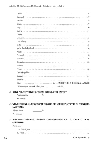 Greece . . . . . . . . . . . . . . . . . . . . . . . . . . . . . . . . . . . . . . . . . . . . . . . . . . . . . . . . . . . . . . . .6 
Denmark . . . . . . . . . . . . . . . . . . . . . . . . . . . . . . . . . . . . . . . . . . . . . . . . . . . . . . . . . . . . . .7 
Ireland . . . . . . . . . . . . . . . . . . . . . . . . . . . . . . . . . . . . . . . . . . . . . . . . . . . . . . . . . . . . . . . .8 
Spain . . . . . . . . . . . . . . . . . . . . . . . . . . . . . . . . . . . . . . . . . . . . . . . . . . . . . . . . . . . . . . . . .9 
Italy . . . . . . . . . . . . . . . . . . . . . . . . . . . . . . . . . . . . . . . . . . . . . . . . . . . . . . . . . . . . . . . . . .10 
Cyprus . . . . . . . . . . . . . . . . . . . . . . . . . . . . . . . . . . . . . . . . . . . . . . . . . . . . . . . . . . . . . . . .11 
Latvia . . . . . . . . . . . . . . . . . . . . . . . . . . . . . . . . . . . . . . . . . . . . . . . . . . . . . . . . . . . . . . . .12 
Lithuania . . . . . . . . . . . . . . . . . . . . . . . . . . . . . . . . . . . . . . . . . . . . . . . . . . . . . . . . . . . . . .13 
Luxemburg . . . . . . . . . . . . . . . . . . . . . . . . . . . . . . . . . . . . . . . . . . . . . . . . . . . . . . . . . . . .14 
Malta . . . . . . . . . . . . . . . . . . . . . . . . . . . . . . . . . . . . . . . . . . . . . . . . . . . . . . . . . . . . . . . .15 
Netherlands/Holland . . . . . . . . . . . . . . . . . . . . . . . . . . . . . . . . . . . . . . . . . . . . . . . . . . . . .16 
Poland . . . . . . . . . . . . . . . . . . . . . . . . . . . . . . . . . . . . . . . . . . . . . . . . . . . . . . . . . . . . . . . .17 
Portugal . . . . . . . . . . . . . . . . . . . . . . . . . . . . . . . . . . . . . . . . . . . . . . . . . . . . . . . . . . . . . . .18 
Slovakia . . . . . . . . . . . . . . . . . . . . . . . . . . . . . . . . . . . . . . . . . . . . . . . . . . . . . . . . . . . . . . .19 
Slovenia . . . . . . . . . . . . . . . . . . . . . . . . . . . . . . . . . . . . . . . . . . . . . . . . . . . . . . . . . . . . . . .20 
Finland . . . . . . . . . . . . . . . . . . . . . . . . . . . . . . . . . . . . . . . . . . . . . . . . . . . . . . . . . . . . . . .21 
France . . . . . . . . . . . . . . . . . . . . . . . . . . . . . . . . . . . . . . . . . . . . . . . . . . . . . . . . . . . . . . . .22 
Czech Republic . . . . . . . . . . . . . . . . . . . . . . . . . . . . . . . . . . . . . . . . . . . . . . . . . . . . . . . . .23 
Sweden . . . . . . . . . . . . . . . . . . . . . . . . . . . . . . . . . . . . . . . . . . . . . . . . . . . . . . . . . . . . . . .24 
Estonia . . . . . . . . . . . . . . . . . . . . . . . . . . . . . . . . . . . . . . . . . . . . . . . . . . . . . . . . . . . . . . .25 
Other . . . . . . . . . . . . . . . . . . . . . . . . . . . . . . . . . .26 → END IF THIS IS THE ONLY ANSWER 
Did not export to the EU last year . . . . . . . . . .27 → END 
A2. WHAT PERCENT SHARE OF TOTAL SALES DO YOU EXPORT? 
Please specify __________ % 
No answer 
A3. WHAT PERCENT SHARE OF TOTAL EXPORTS DID YOU SUPPLY TO THE EU COUNTRIES 
LAST YEAR?: 
Please write __________ % 
No answer 
A4. IN GENERAL, HOW LONG HAS YOUR COMPANY BEEN EXPORTING GOODS TO THE EU 
COUNTRIES: 
One answer 
Less than 1 year . . . . . . . . . . . . . . . . . . . . . . . . . . . . . . . . . . . . . . . . . . . . . . . . . . . . . . . . .1 
2-3 years . . . . . . . . . . . . . . . . . . . . . . . . . . . . . . . . . . . . . . . . . . . . . . . . . . . . . . . . . . . . . . .2 
56 
Jakubiak M., Maliszewska M., Orlova I., Rokicka M., Vavryschuk V. 
CASE Reports No. 68 
 