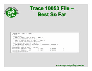 www.sagecomputing.com.auwww.sagecomputing.com.au
Trace 10053 FileTrace 10053 File ––
Best So FarBest So Far
 