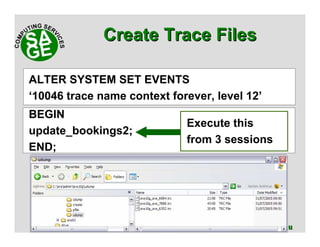 www.sagecomputing.com.auwww.sagecomputing.com.au
Create Trace FilesCreate Trace Files
ALTER SYSTEM SET EVENTS
‘10046 trace name context forever, level 12’
BEGIN
update_bookings2;
END;
Execute this
from 3 sessions
 