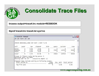 www.sagecomputing.com.auwww.sagecomputing.com.au
Consolidate Trace FilesConsolidate Trace Files
trcsess output=trace4.trc module=RESBOOK
tkprof trace4.trc trace4.lst sys=no
trcsess output=trace4.trc module=RESBOOK
 