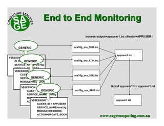 www.sagecomputing.com.auwww.sagecomputing.com.au
End to End MonitoringEnd to End Monitoring
GENERIC
V$SESSION
CLIENT_ID = APPUSER1
SERVICE_NAME=ora10g
MODULE=RESBOOK
ACTION=UPDATE_BOOK
GENERIC
V$SESSION
CLIENT_ID = APPUSER1
SERVICE_NAME=ora10g
MODULE=RESBOOK
ACTION=UPDATE_BOOK
GENERIC
V$SESSION
CLIENT_ID = APPUSER1
SERVICE_NAME=ora10g
MODULE=RESBOOK
ACTION=UPDATE_BOOK
GENERIC
V$SESSION
CLIENT_ID = APPUSER1
SERVICE_NAME=ora10g
MODULE=RESBOOK
ACTION=UPDATE_BOOK
ora10g_ora_7888.trc
ora10g_ora_6734.trc
ora10g_ora_3562.trc
ora10g_ora_9846.trc
trcsess output=appuser1.trc clientid=APPUSER1
appuser1.trc
tkprof appuser1.trc appuser1.lst
appuser1.lst
 