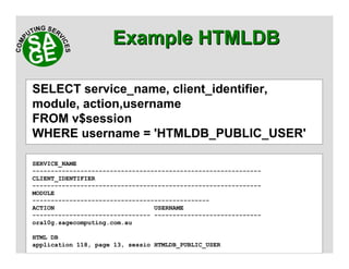 www.sagecomputing.com.auwww.sagecomputing.com.au
Example HTMLDBExample HTMLDB
SELECT service_name, client_identifier,
module, action,username
FROM v$session
WHERE username = 'HTMLDB_PUBLIC_USER'
SERVICE_NAME
--------------------------------------------------------------
CLIENT_IDENTIFIER
--------------------------------------------------------------
MODULE
------------------------------------------------
ACTION USERNAME
-------------------------------- -----------------------------
ora10g.sagecomputing.com.au
HTML DB
application 118, page 13, sessio HTMLDB_PUBLIC_USER
 