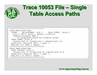 www.sagecomputing.com.auwww.sagecomputing.com.au
Trace 10053 FileTrace 10053 File –– SingleSingle
Table Access PathsTable Access Paths
 