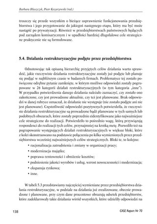 troszczy się przede wszystkim o bieżące usprawnienie funkcjonowania przedsię-biorstwa 
i jego przygotowanie do jakiegoś następnego etapu, który ma być może 
nastąpić po prywatyzacji. Również w przedsiębiorstwach państwowych będących 
pod zarządem komisarycznym i w upadłości bardziej długofalowe cele strategicz-ne 
praktycznie nie są formułowane. 
5.4. Działania restrukturyzacyjne podjęte przez przedsiębiorstwa 
Odnotowując tak opisaną hierarchię przyjętych celów działania warto spraw-dzić, 
jakie rzeczywiste działania restrukturyzacyjne zostały już podjęte lub planuje 
się podjąć w najbliższym czasie w badanych firmach. Problematyce tej zostało po-święcone 
odrębne pytanie zamknięte, w którym możliwe odpowiedzi zostały pogru-powane 
w 26 kategorii działań restrukturyzacyjnych (w tym kategoria „inne”). 
W przypadku potwierdzenia danego działania należało zaznaczyć, czy zostało ono 
zakończone, czy jest prowadzone aktualnie, czy też jest planowane. Brak odpowie-dzi 
w danej rubryce oznaczał, że działanie nie występuje (nie zostało podjęte ani nie 
jest planowane). Częstotliwość odpowiedzi pozytywnych potwierdziła, że rzeczywi-ste 
działania restrukturyzacyjne są prowadzone bądź planowane w tych samych lub 
podobnych obszarach, które zostały poprzednio zidentyfikowane jako najważniejsze 
cele strategiczne do realizacji. Potwierdziło to pośrednio wagę, którą przywiązują 
respondenci do realizacji tych celów, przynajmniej na krotką metę. Pozwoliło też na 
pogrupowanie występujących działań restrukturyzacyjnych w większe bloki, które 
z kolei skonstruowano na podstawie połączenia po kilka wymienionych przez przed-siębiorstwa 
wcześniej najważniejszych celów strategicznych. Bloki te, to kolejno: 
• racjonalizacja zatrudnienia i zmiany w organizacji pracy; 
• modernizacja majątku; 
• poprawa rentowności i obniżenie kosztów; 
• podniesienie jakości wyrobów i usług, wzrost nowoczesności i modernizacja; 
• ekspansja rynkowa; 
• inne. 
W tabeli 5.3 przedstawiamy najczęściej wymieniane przez przedsiębiorstwa dzia-łania 
restrukturyzacyjne, w podziale na działania już zrealizowane, obecnie prowa-dzone 
i planowane, przy czym dane procentowe obrazują odsetek przedsiębiorstw, 
które zadeklarowały takie działania wśród wszystkich, które udzieliły odpowiedzi na 
138 
Barbara Błaszczyk, Piotr Kozarzewski (red.) 
CASE Raport Nr 70 
 
