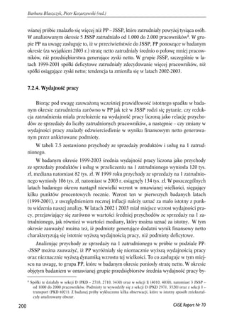 wianej próbie znalazło się więcej niż PP – JSSP, które zatrudniały powyżej tysiąca osób. 
W analizowanym okresie 5 JSSP zatrudniało od 1.000 do 2.000 pracowników8. W gru-pie 
PP na uwagę zasługuje to, iż w przeciwieństwie do JSSP, PP ponoszące w badanym 
okresie (za wyjątkiem 2003 r.) stratę netto zatrudniały średnio o połowę mniej pracow-ników, 
niż przedsiębiorstwa generujące zyski netto. W grupie JSSP, szczególnie w la-tach 
1999-2001 spółki deficytowe zatrudniały zdecydowanie więcej pracowników, niż 
spółki osiągające zyski netto; tendencja ta zmieniła się w latach 2002-2003. 
7.2.4. Wydajność pracy 
Biorąc pod uwagę zauważoną wcześniej prawidłowość istotnego spadku w bada-nym 
okresie zatrudnienia zarówno w PP jak też w JSSP rodzi się pytanie, czy reduk-cja 
zatrudnienia miała przełożenie na wydajność pracy liczoną jako relację przycho-dów 
ze sprzedaży do liczby zatrudnionych pracowników, a następnie – czy zmiany w 
wydajności pracy znalazły odzwierciedlenie w wyniku finansowym netto generowa-nym 
przez ankietowane podmioty. 
W tabeli 7.5 zestawiono przychody ze sprzedaży produktów i usług na 1 zatrud-nionego. 
W badanym okresie 1999-2003 średnia wydajność pracy liczona jako przychody 
ze sprzedaży produktów i usług w przeliczeniu na 1 zatrudnionego wyniosła 120 tys. 
zł, mediana natomiast 82 tys. zł. W 1999 roku przychody ze sprzedaży na 1 zatrudnio-nego 
wyniosły 106 tys. zł, natomiast w 2003 r. osiągnęły 134 tys. zł. W poszczególnych 
latach badanego okresu nastąpił niewielki wzrost w omawianej wielkości, sięgający 
kilku punktów procentowych rocznie. Wzrost ten w pierwszych badanych latach 
(1999-2001), z uwzględnieniem rocznej inflacji należy uznać za mało istotny z punk-tu 
widzenia naszej analizy. W latach 2002 i 2003 miał miejsce wzrost wydajności pra-cy, 
przejawiający się zarówno w wartości średniej przychodów ze sprzedaży na 1 za-trudnionego, 
jak również w wartości mediany, który można uznać za istotny. W tym 
okresie zauważyć można też, iż podmioty generujące dodatni wynik finansowy netto 
charakteryzują się istotnie wyższą wydajnością pracy, niż podmioty deficytowe. 
Analizując przychody ze sprzedaży na 1 zatrudnionego w próbie w podziale PP- 
-JSSP można zauważyć, iż PP wyróżniały się nieznacznie wyższą wydajnością pracy 
oraz nieznacznie wyższą dynamiką wzrostu tej wielkości. To co zasługuje w tym miej-scu 
na uwagę, to grupa PP, które w badanym okresie poniosły stratę netto. W okresie 
objętym badaniem w omawianej grupie przedsiębiorstw średnia wydajność pracy by- 
200 
Barbara Błaszczyk, Piotr Kozarzewski (red.) 
8 Spółki te działały w sekcji D (PKD – 2710, 2710, 3430) oraz w sekcji E (4010, 4030), natomiast 3 JSSP – 
od 1000 do 2000 pracowników. Podmioty te wywodziły się z sekcji D (PKD 2971, 3520) oraz z sekcji I – 
transport (PKD 6021). Z badanej próby wykluczono kilka obserwacji, które w istotny sposób zniekształ-cały 
CASE Raport Nr 70 
analizowany obszar. 
 