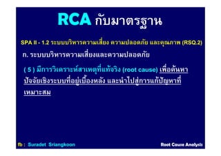 RCARCA กับมาตรฐาน
( 5 ) มีการวิเคราะห์สาเหตุทีแท้จริง (root cause) เพือค้นหา
ปัจจัยเชิงระบบทีอยู่เบืองหลัง และนําไปสู่การแก้ปัญหาที
เหมาะสม
SPA II - 1.2 ระบบบริหารความเสียง ความปลอดภัย และคุณภาพ (RSQ.2)
ก. ระบบบริหารความเสียงและความปลอดภัย
ffbb :: SuradetSuradet SriangkoonSriangkoon Root Cause AnalysisRoot Cause Analysis
 