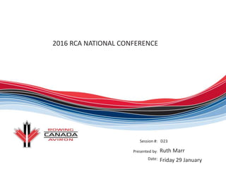 2016 RCA NATIONAL CONFERENCE
Session #:
Presented by:
Date:
D23
Ruth Marr
Friday 29 January
 