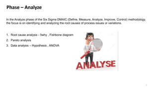1
Phase – Analyze
AXISCADES Proprietary and confidential data
1. Root cause analysis - 5why , Fishbone diagram
2. Pareto analysis
3. Data analysis – Hypothesis , ANOVA
In the Analyze phase of the Six Sigma DMAIC (Define, Measure, Analyze, Improve, Control) methodology,
the focus is on identifying and analyzing the root causes of process issues or variations.
 