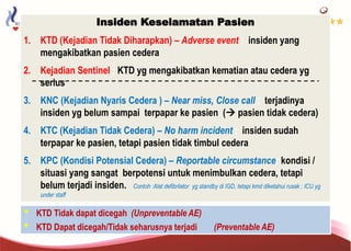 Insiden Keselamatan Pasien
1. KTD (Kejadian Tidak Diharapkan) – Adverse event : insiden yang
mengakibatkan pasien cedera
2. Kejadian Sentinel : KTD yg mengakibatkan kematian atau cedera yg
serius
3. KNC (Kejadian Nyaris Cedera ) – Near miss, Close call : terjadinya
insiden yg belum sampai terpapar ke pasien ( pasien tidak cedera)
4. KTC (Kejadian Tidak Cedera) – No harm incident : insiden sudah
terpapar ke pasien, tetapi pasien tidak timbul cedera
5. KPC (Kondisi Potensial Cedera) – Reportable circumstance: kondisi /
situasi yang sangat berpotensi untuk menimbulkan cedera, tetapi
belum terjadi insiden. Contoh :Alat defibrilator yg standby di IGD, tetapi kmd diketahui rusak ; ICU yg
under staff
• KTD Tidak dapat dicegah (Unpreventable AE)
• KTD Dapat dicegah/Tidak seharusnya terjadi (Preventable AE)
 