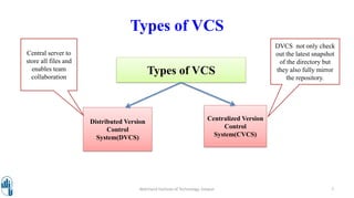 Walchand Institute of Technology, Solapur 7
Types of VCS
Types of VCS
Distributed Version
Control
System(DVCS)
Centralized Version
Control
System(CVCS)
Central server to
store all files and
enables team
collaboration
DVCS not only check
out the latest snapshot
of the directory but
they also fully mirror
the repository.
 