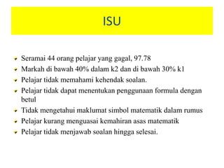 ISU 
Seramai 44 orang pelajar yang gagal, 97.78 Markah di bawah 40% dalam k2 dan di bawah 30% k1 Pelajar tidak memahami kehendak soalan. Pelajar tidak dapat menentukan penggunaan formula dengan betul Tidak mengetahui maklumat simbol matematik dalam rumus Pelajar kurang menguasai kemahiran asas matematik Pelajar tidak menjawab soalan hingga selesai.  