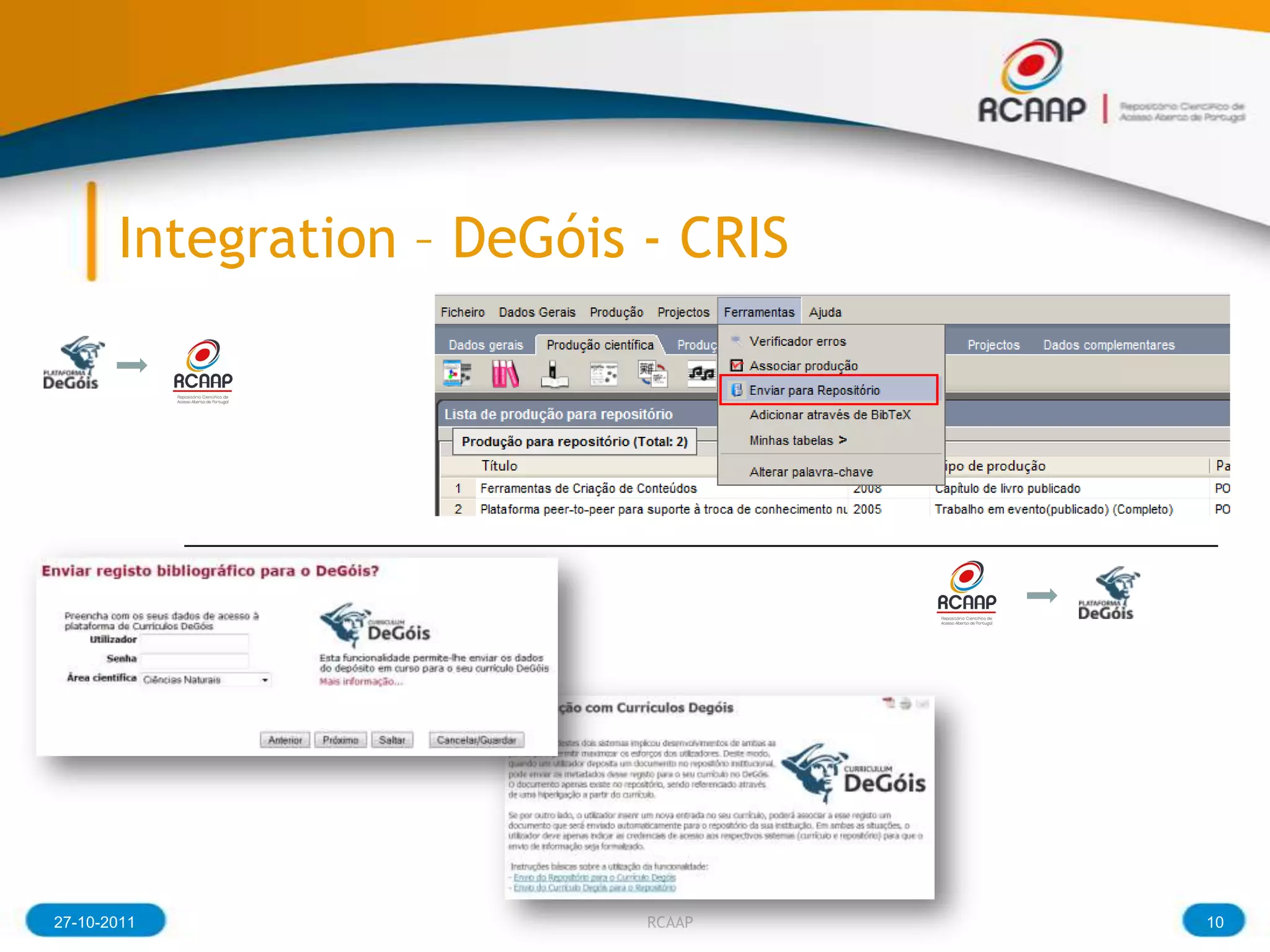 Integration – DeGóis - CRIS




27-10-2011                  RCAAP    10
 