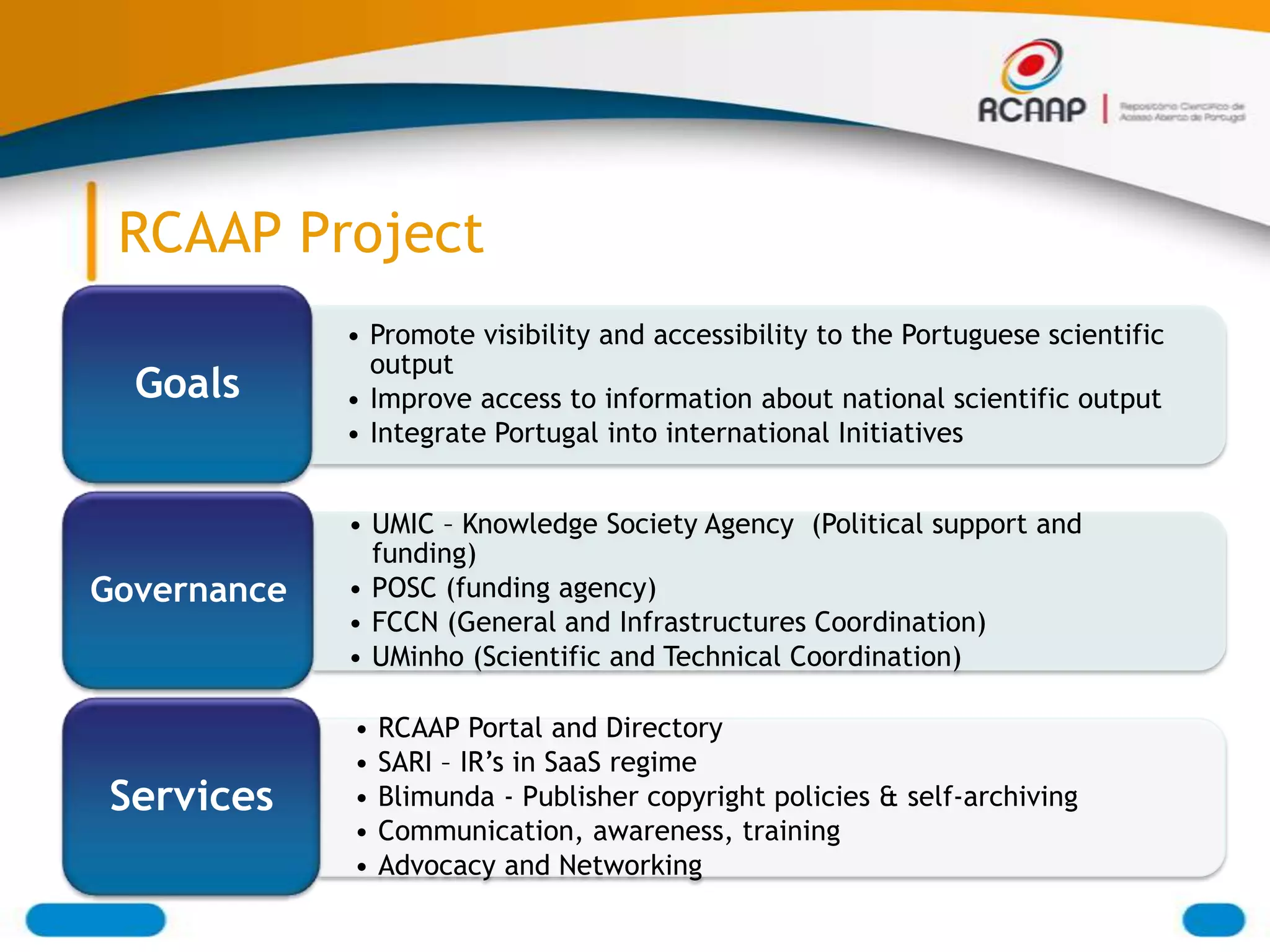 RCAAP Project
             • Promote visibility and accessibility to the Portuguese scientific
               output
  Goals      • Improve access to information about national scientific output
             • Integrate Portugal into international Initiatives


             • UMIC – Knowledge Society Agency (Political support and
               funding)
Governance   • POSC (funding agency)
             • FCCN (General and Infrastructures Coordination)
             • UMinho (Scientific and Technical Coordination)

             •   RCAAP Portal and Directory
             •   SARI – IR’s in SaaS regime
Services     •   Blimunda - Publisher copyright policies & self-archiving
             •   Communication, awareness, training
             •   Advocacy and Networking
 