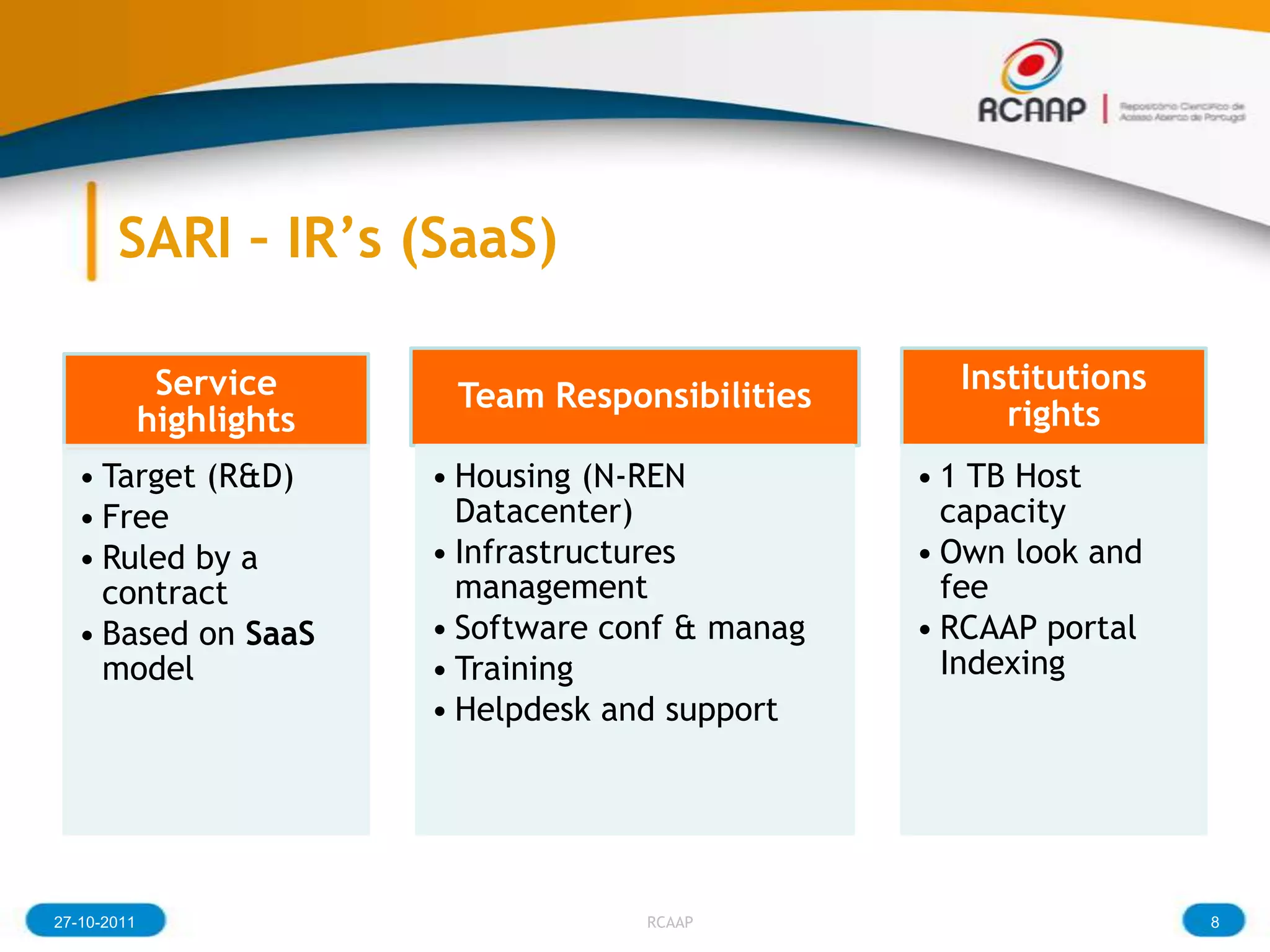 SARI – IR’s (SaaS)

              Service                                 Institutions
                           Team Responsibilities
             highlights                                  rights
  • Target (R&D)          • Housing (N-REN          • 1 TB Host
  • Free                    Datacenter)               capacity
  • Ruled by a            • Infrastructures         • Own look and
    contract                management                fee
  • Based on SaaS         • Software conf & manag   • RCAAP portal
    model                 • Training                  Indexing
                          • Helpdesk and support




27-10-2011                             RCAAP                         8
 