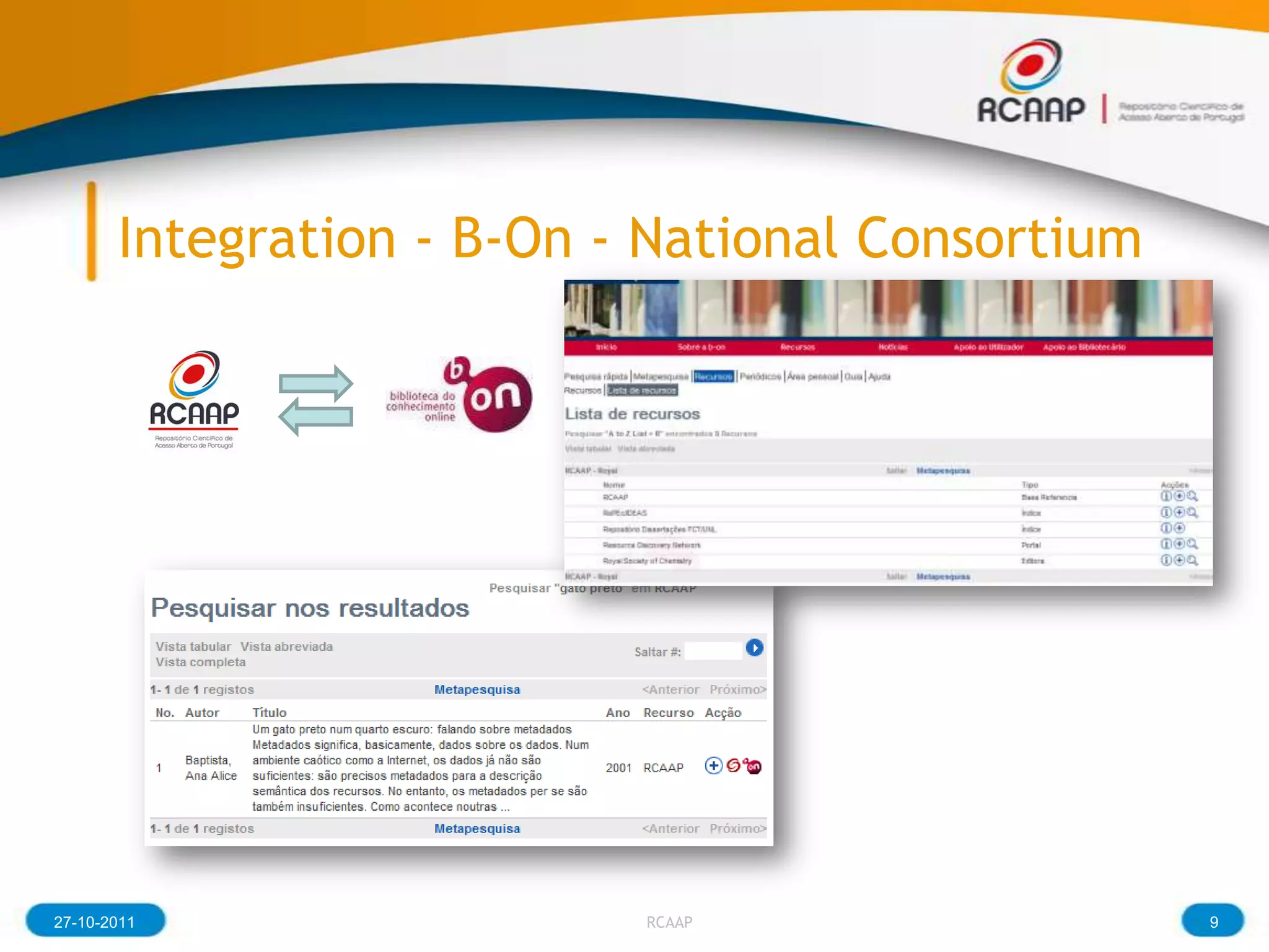 Integration - B-On - National Consortium




27-10-2011                 RCAAP                  9
 