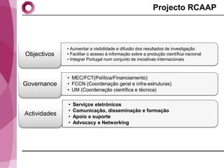Projecto RCAAP



              • Aumentar a visibilidade e difusão dos resultados de investigação
Objectivos    • Facilitar o acesso à informação sobre a produção científica nacional
              • Integrar Portugal num conjunto de iniciativas internacionais



              • MEC/FCT(Política/Financiamento)
Governance    • FCCN (Coordenação geral e infra-estruturas)
              • UM (Coordenação científica e técnica)

              •   Serviços eletrónicos
              •   Comunicação, disseminação e formação
Actividades   •   Apoio e suporte
              •   Advocacy e Networking
 